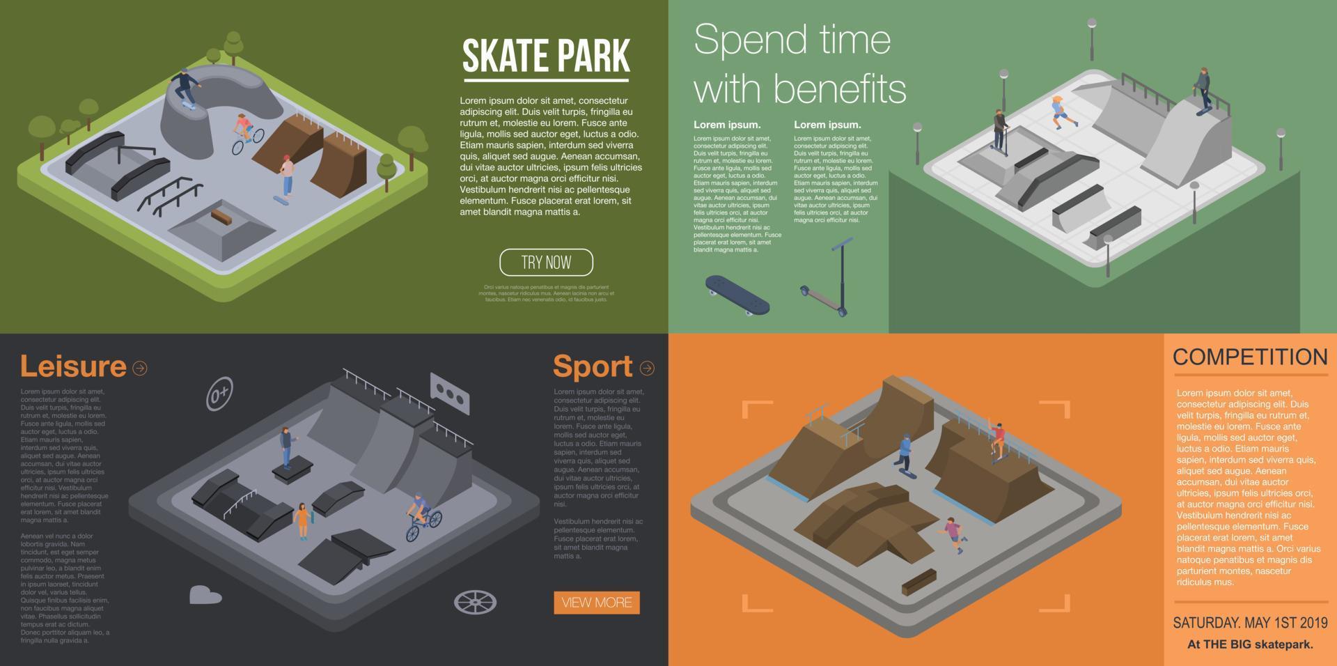 Skate park banner set, isometric style vector