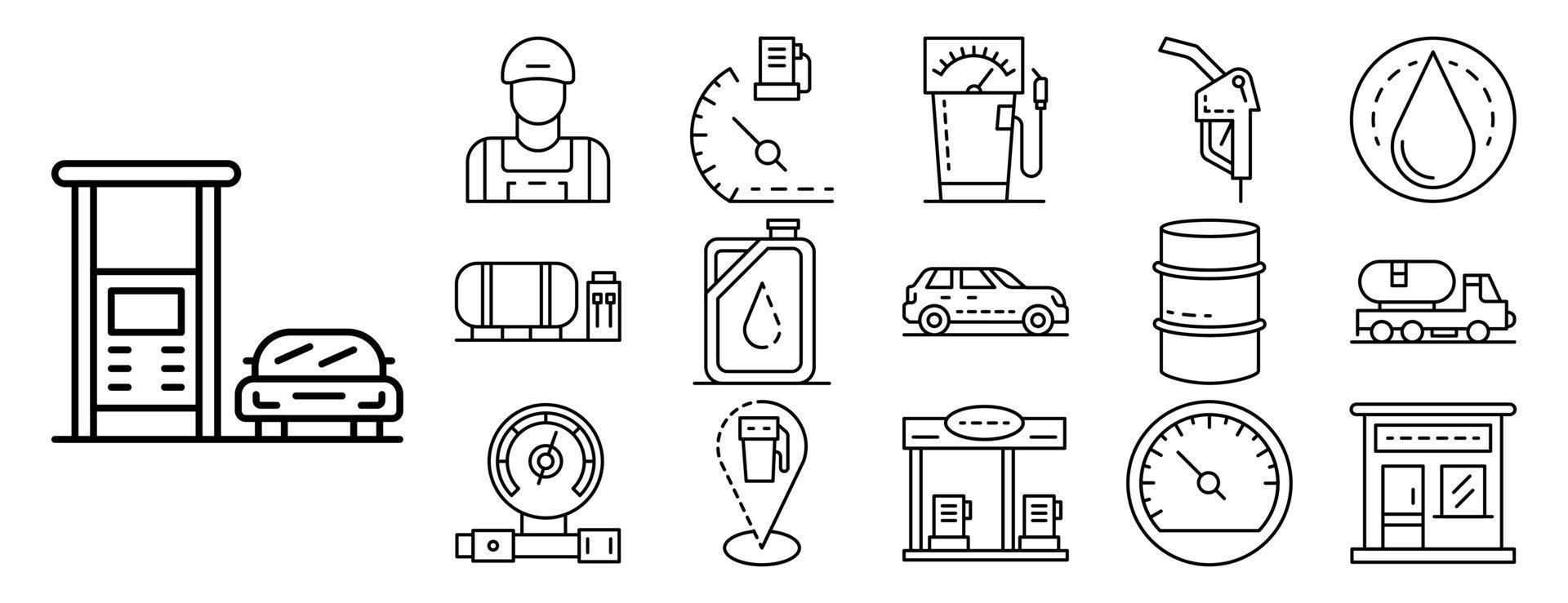 Petrol station icon set, outline style vector