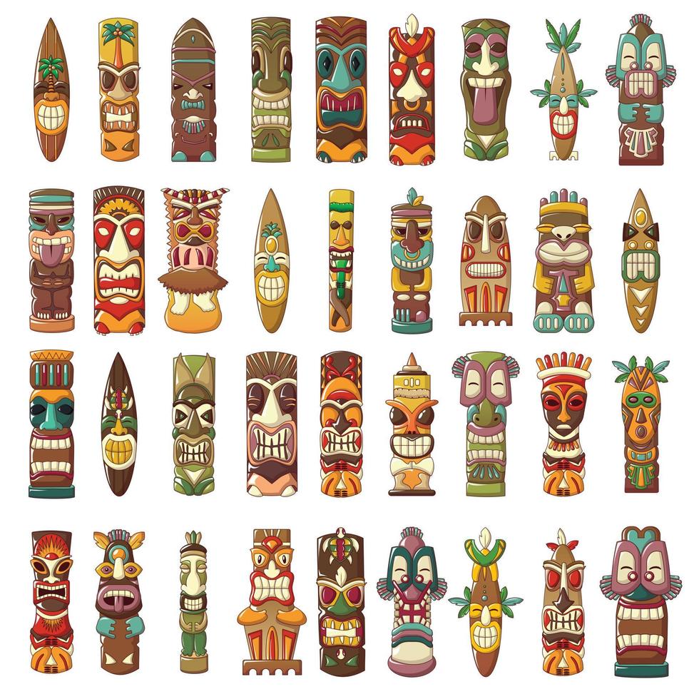 conjunto de iconos de ídolos tiki, estilo de dibujos animados vector