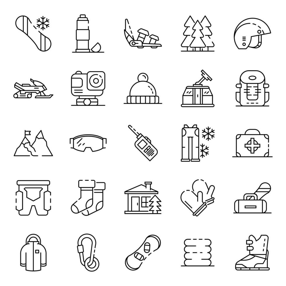 Snowboarding equipment icon set, outline style vector