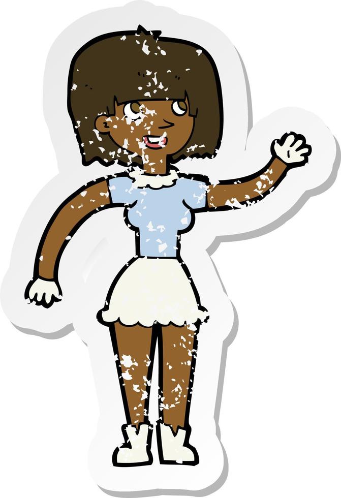 retro distressed sticker of a cartoon girl waving vector