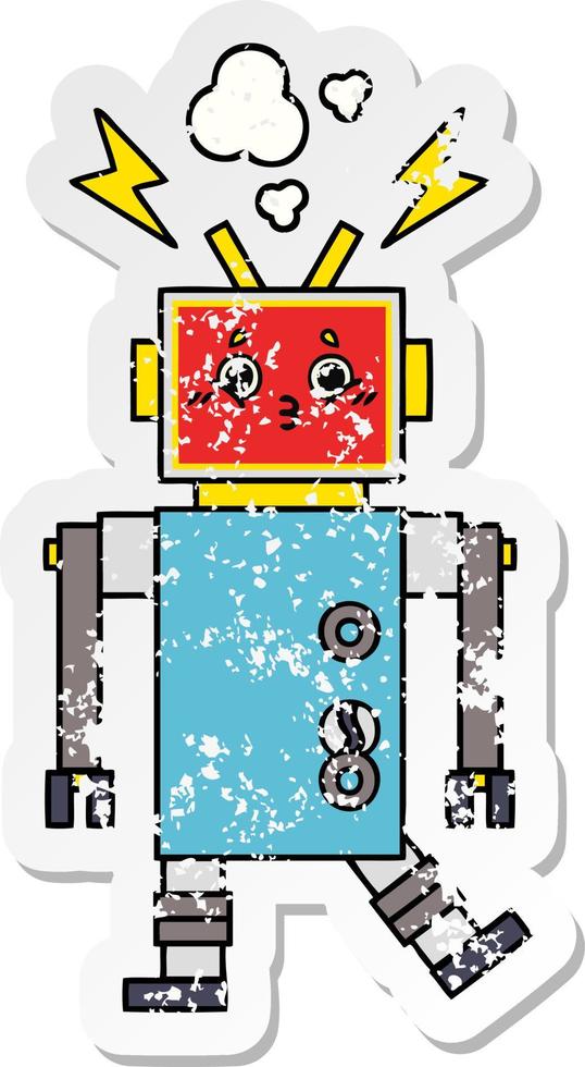 distressed sticker of a cute cartoon robot malfunction vector