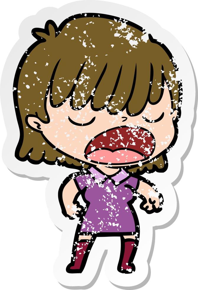 distressed sticker of a cartoon woman talking loudly vector