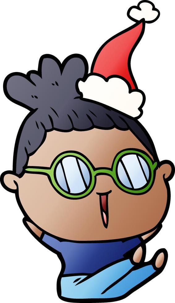 gradient cartoon of a woman wearing spectacles wearing santa hat vector