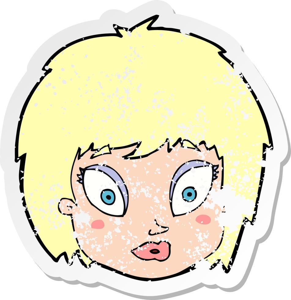 retro distressed sticker of a cartoon surprised female face vector