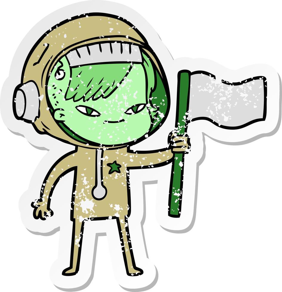 distressed sticker of a cartoon astronaut woman vector