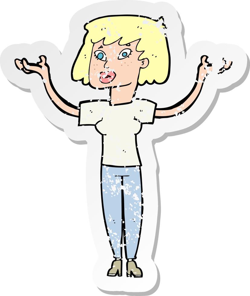 pegatina retro angustiada de una mujer de dibujos animados levantando las manos vector