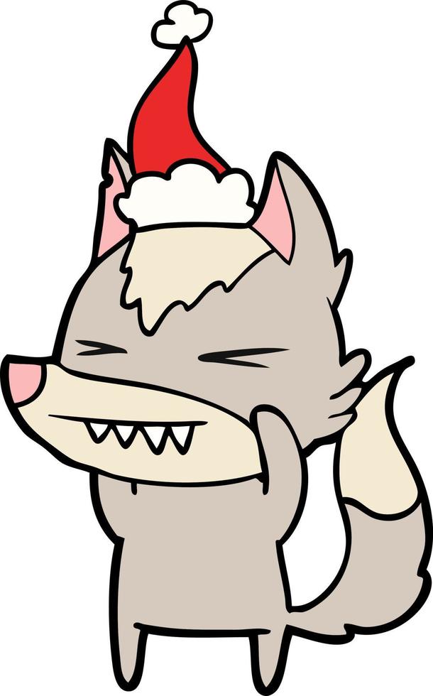 angry wolf line drawing of a wearing santa hat vector