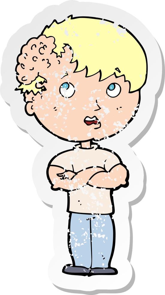 retro distressed sticker of a cartoon boy with growth on head vector