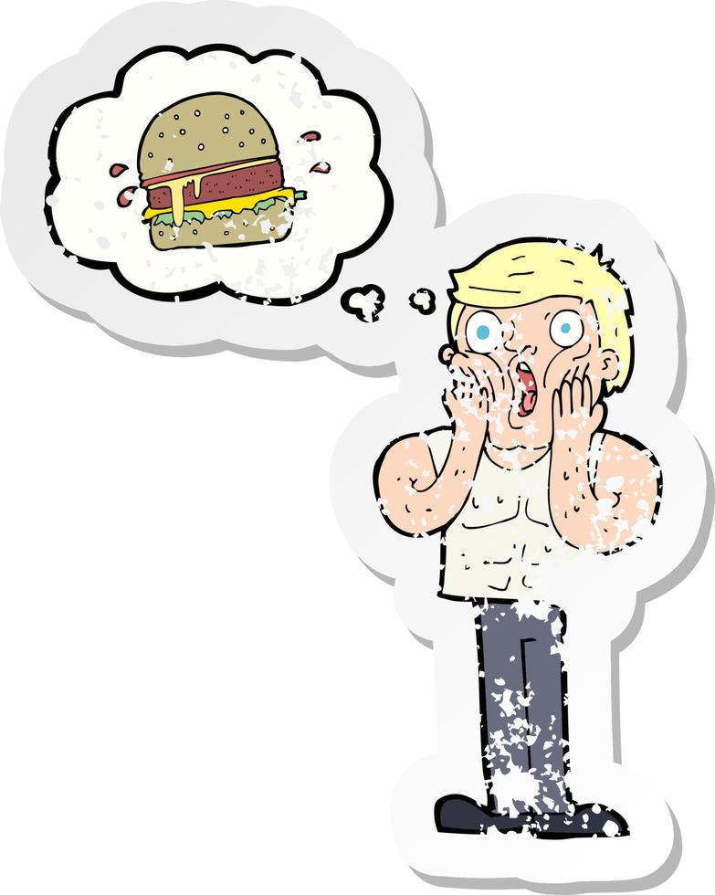 retro distressed sticker of a cartoon shocked man thinking about junk food vector