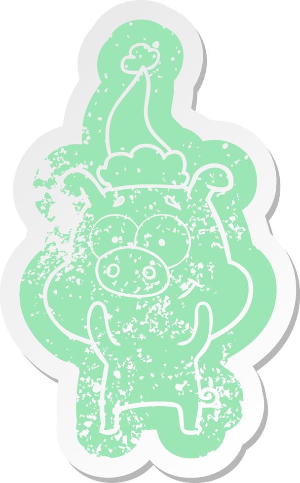 happy cartoon distressed sticker of a pig wearing santa hat vector