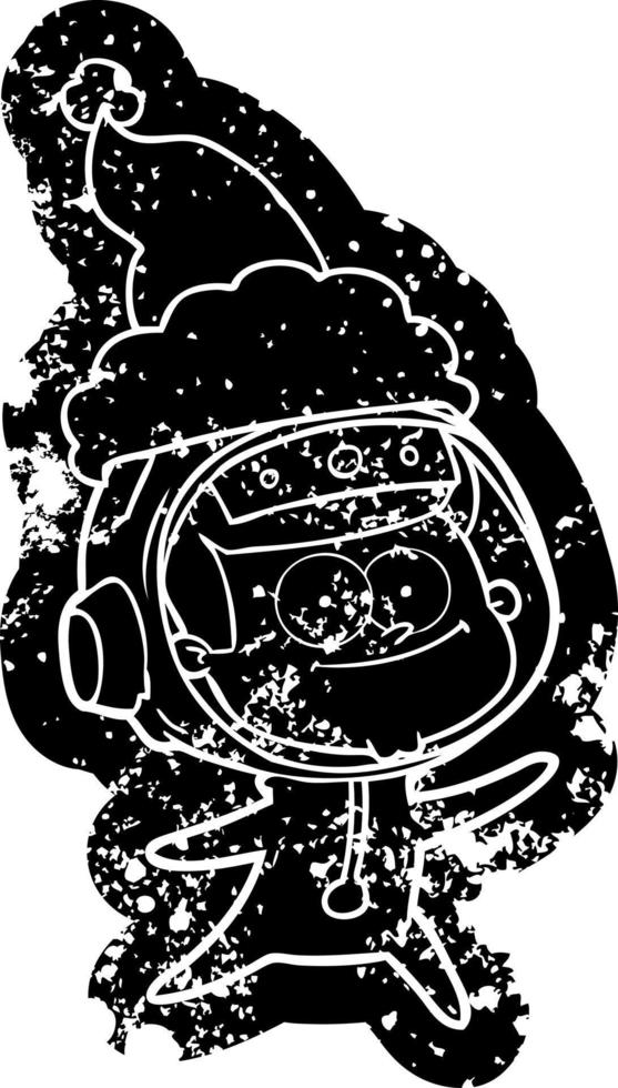 happy astronaut cartoon distressed icon of a wearing santa hat vector