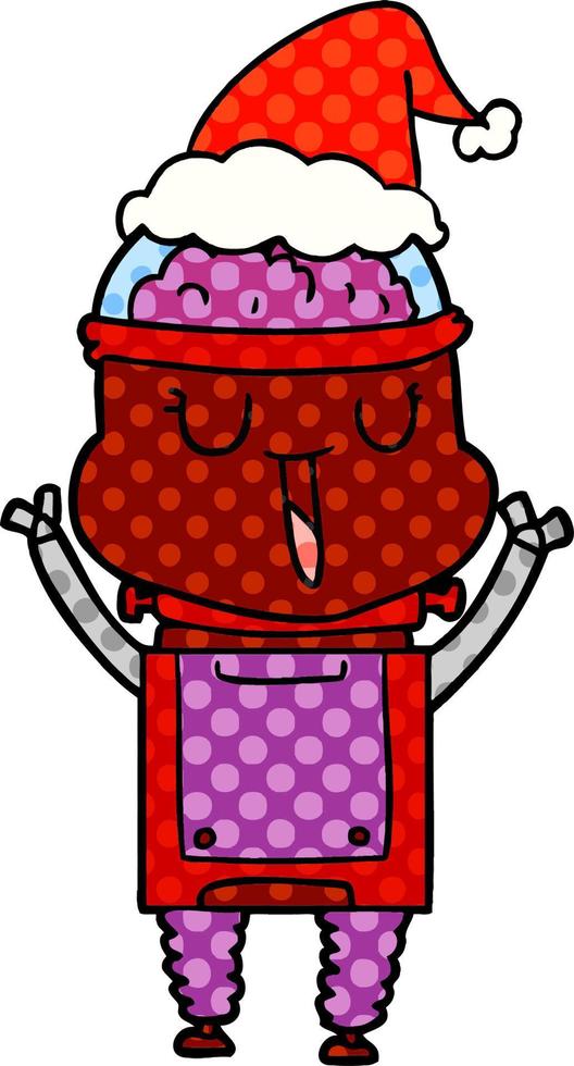 happy comic book style illustration of a robot wearing santa hat vector