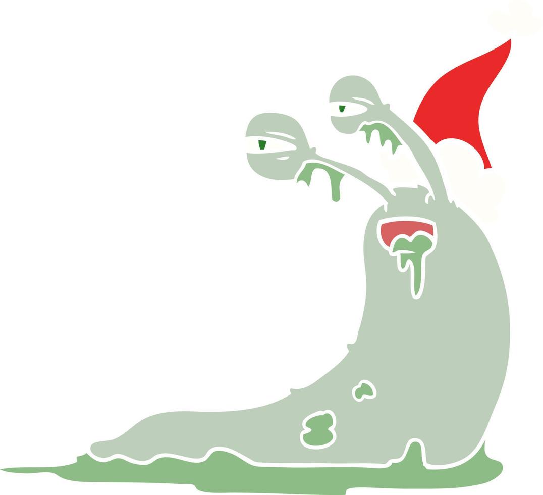 gross flat color illustration of a slug wearing santa hat vector