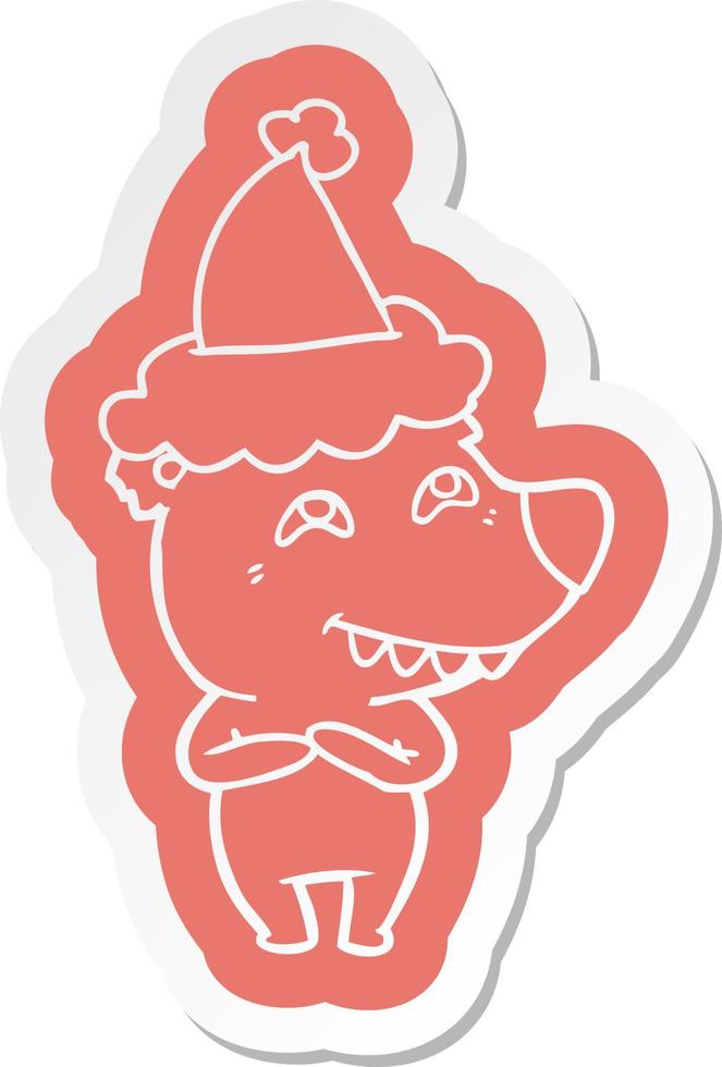 cartoon  sticker of a bear showing teeth wearing santa hat vector