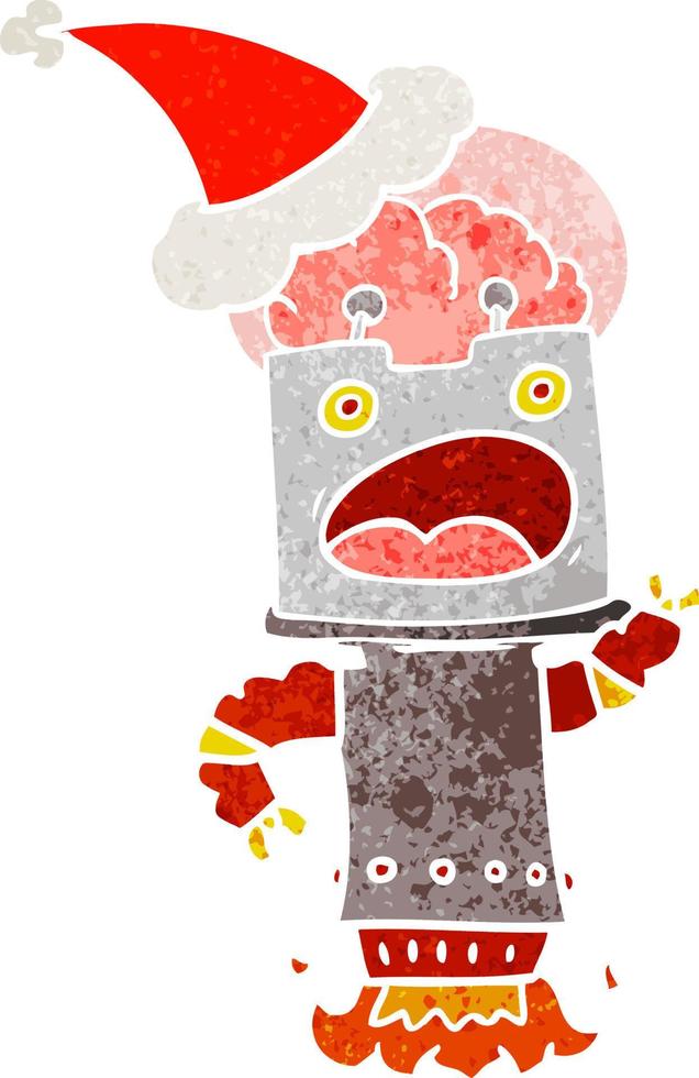 retro cartoon of a robot wearing santa hat vector