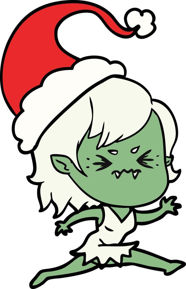 annoyed line drawing of a vampire girl wearing santa hat vector