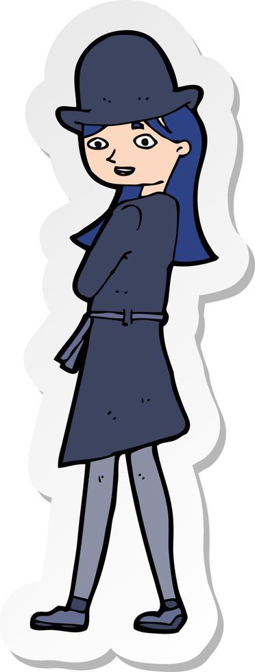 sticker of a cartoon woman wearing sensible hat vector