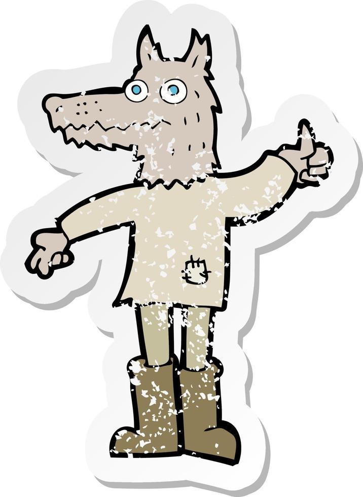 retro distressed sticker of a cartoon wolf man vector