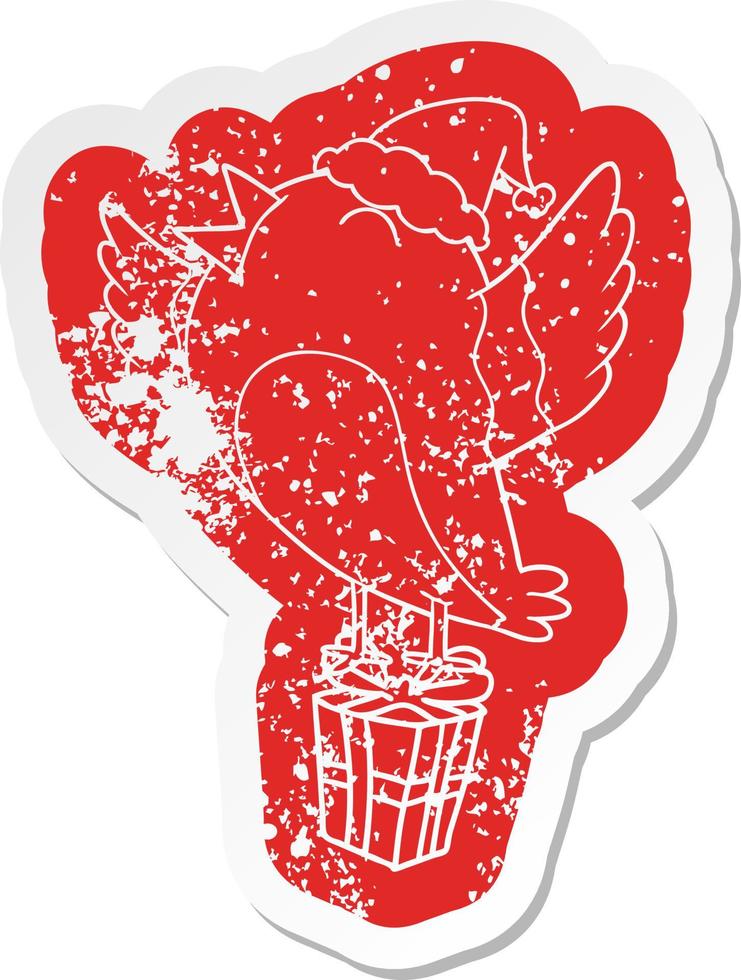 cartoon distressed sticker of a bird wearing santa hat vector