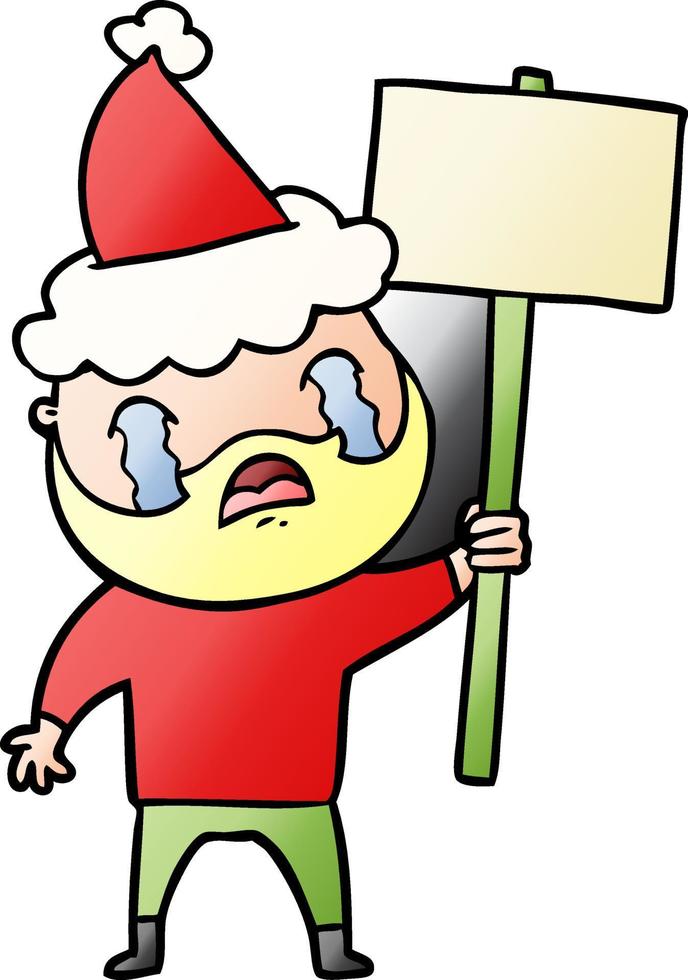 gradient cartoon of a bearded protester crying wearing santa hat vector