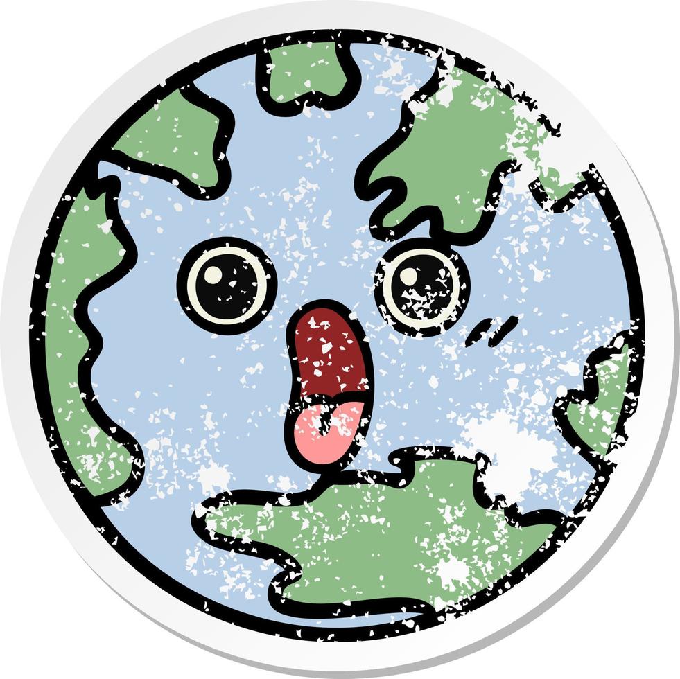 distressed sticker of a cute cartoon planet earth vector