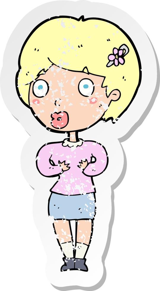 retro distressed sticker of a cartoon surprised woman vector