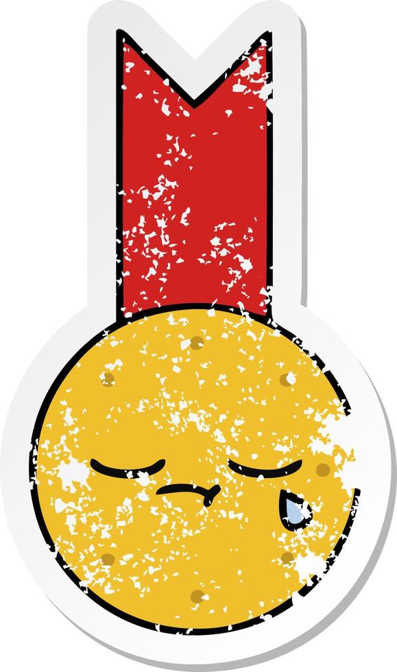 distressed sticker of a cute cartoon gold medal vector