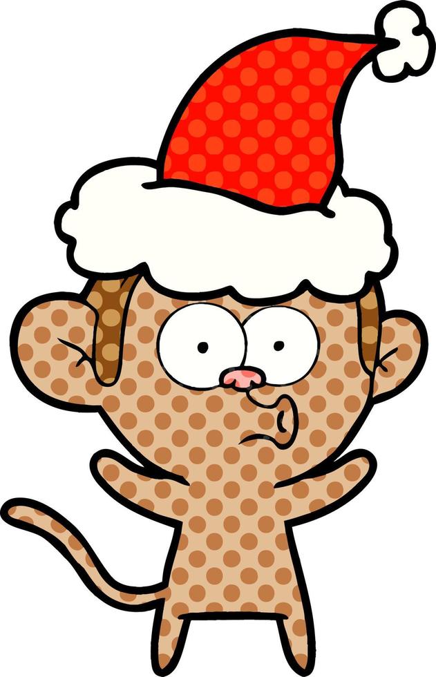 comic book style illustration of a surprised monkey wearing santa hat vector