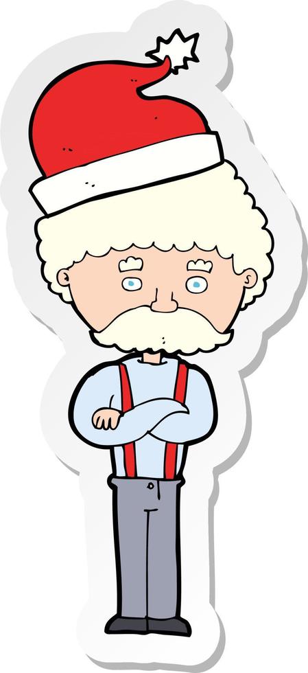 sticker of a cartoon old man in christmas hat vector