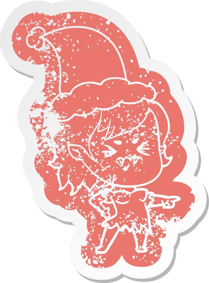annoyed cartoon distressed sticker of a vampire girl wearing santa hat vector