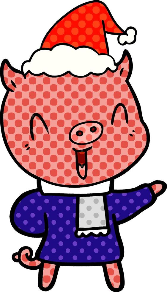 happy comic book style illustration of a pig in winter clothes wearing santa hat vector