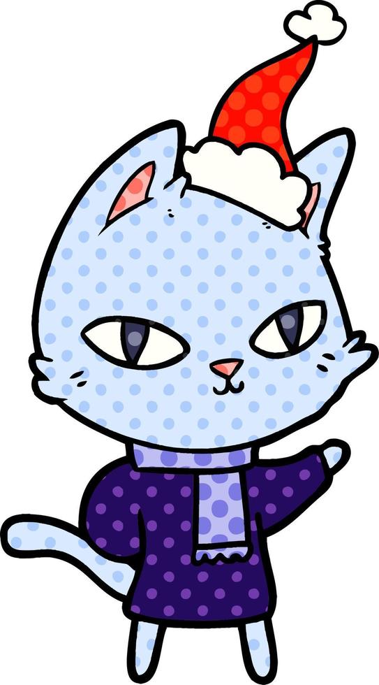 ilustración de estilo cómic de un gato mirando con sombrero de santa vector