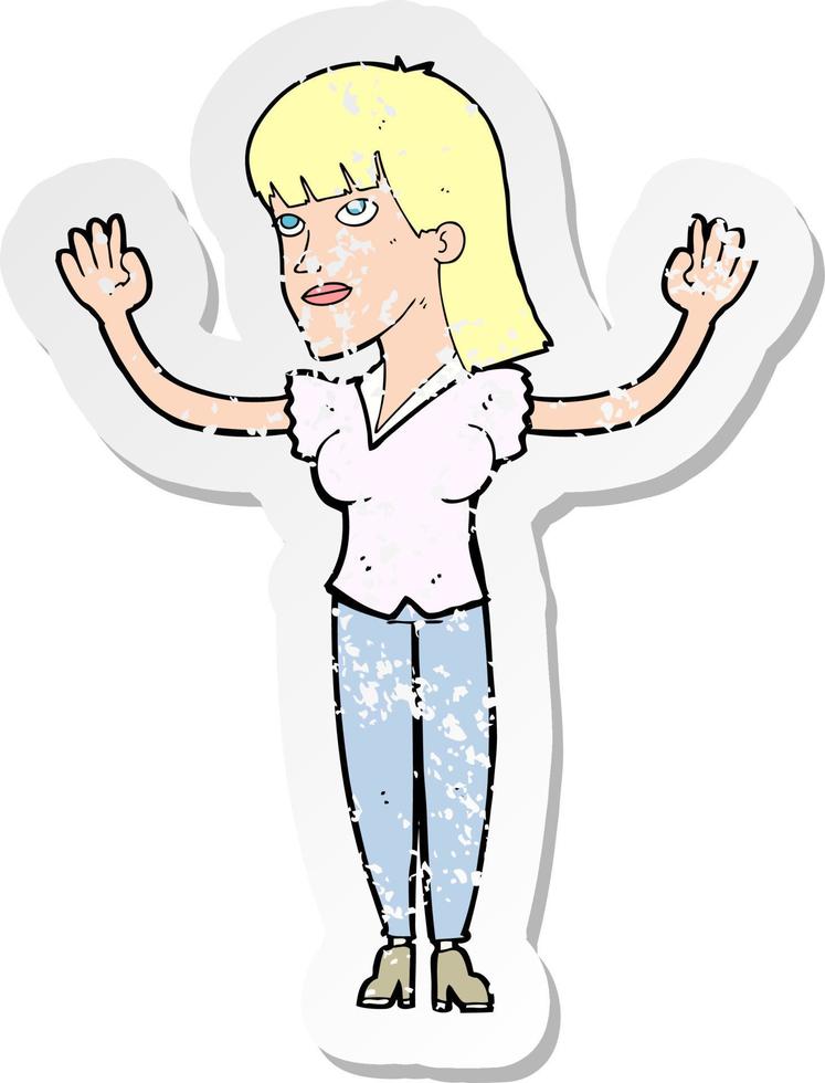 retro distressed sticker of a cartoon woman throwing hands in air vector