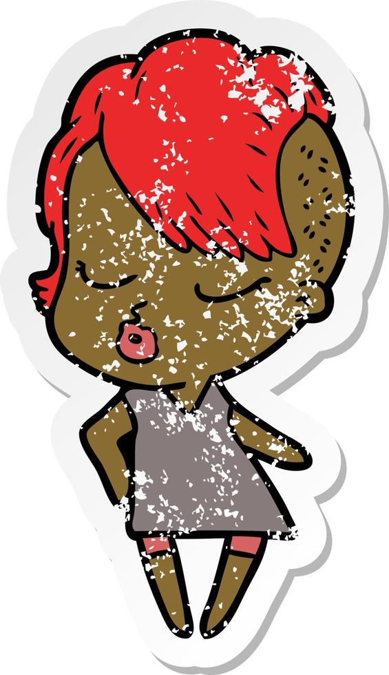 distressed sticker of a cartoon pretty hipster girl vector