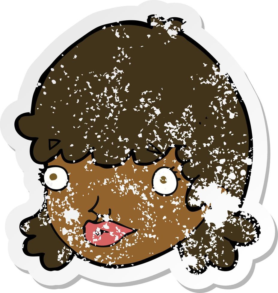 retro distressed sticker of a cartoon female face with surprised expression vector