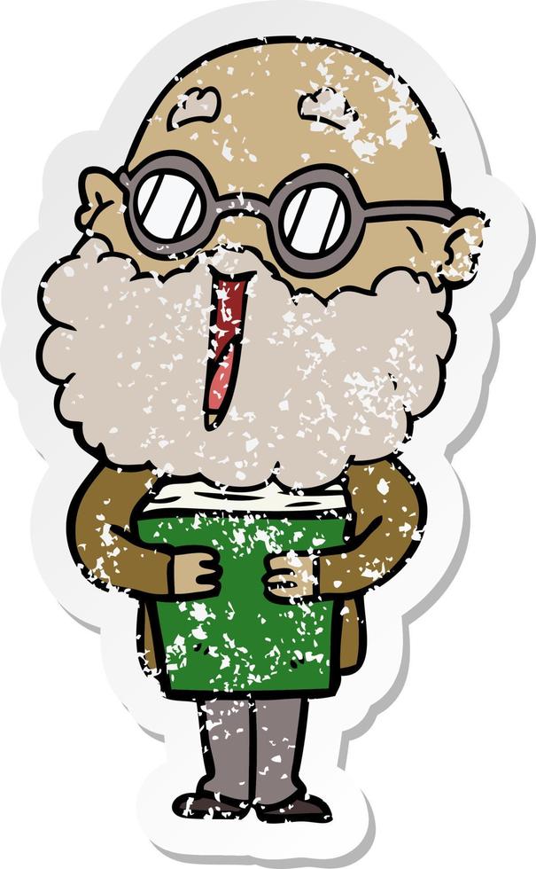 distressed sticker of a cartoon joyful man with beard and book vector
