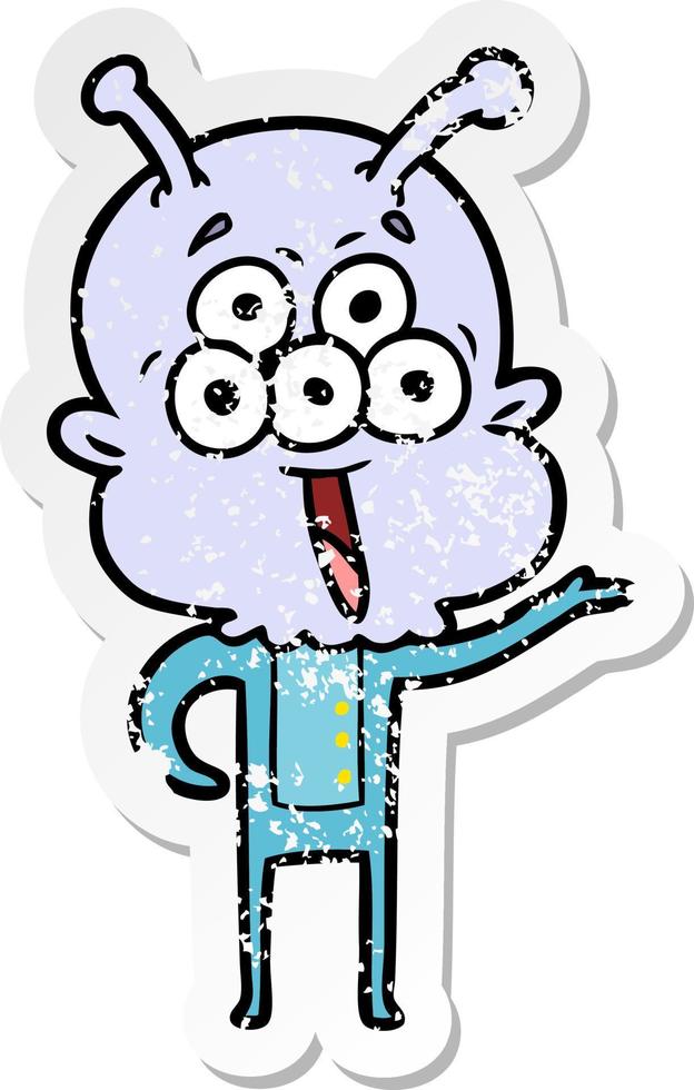 distressed sticker of a happy cartoon alien greeting vector