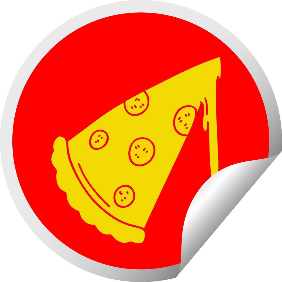 quirky circular peeling sticker cartoon slice of pizza vector