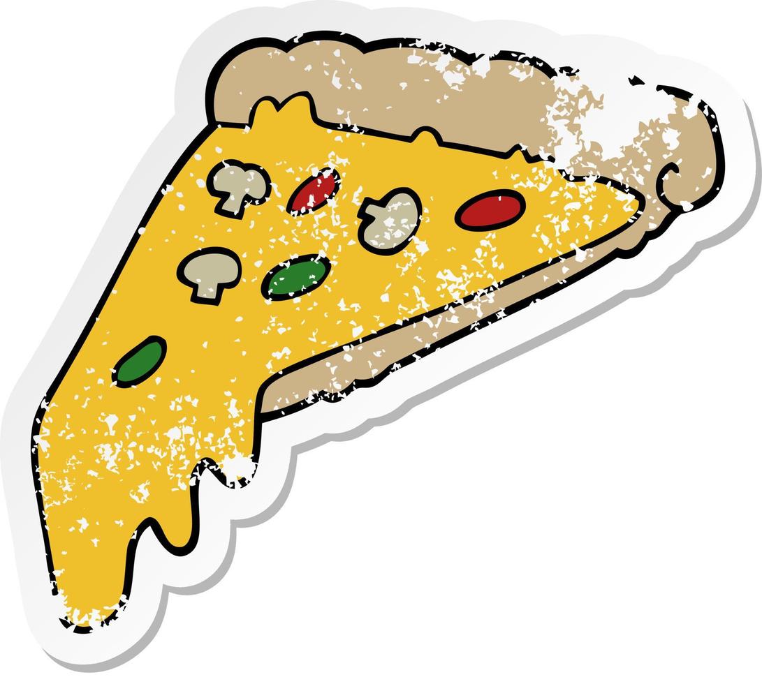 distressed sticker of a cartoon pizza slice vector