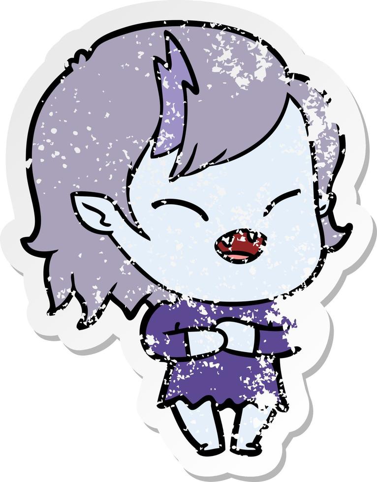 distressed sticker of a cartoon laughing vampire girl vector