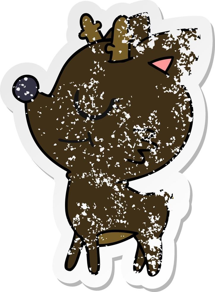 distressed sticker cartoon of cute red nosed reindeer vector