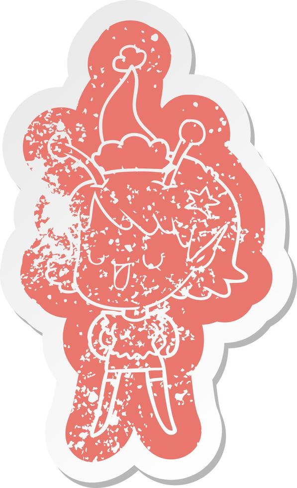 happy alien girl cartoon distressed sticker of a wearing santa hat vector
