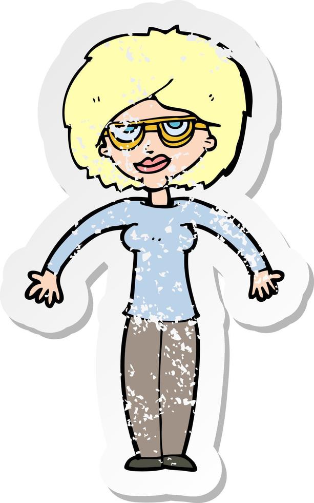 retro distressed sticker of a cartoon woman shrugging shoulders vector