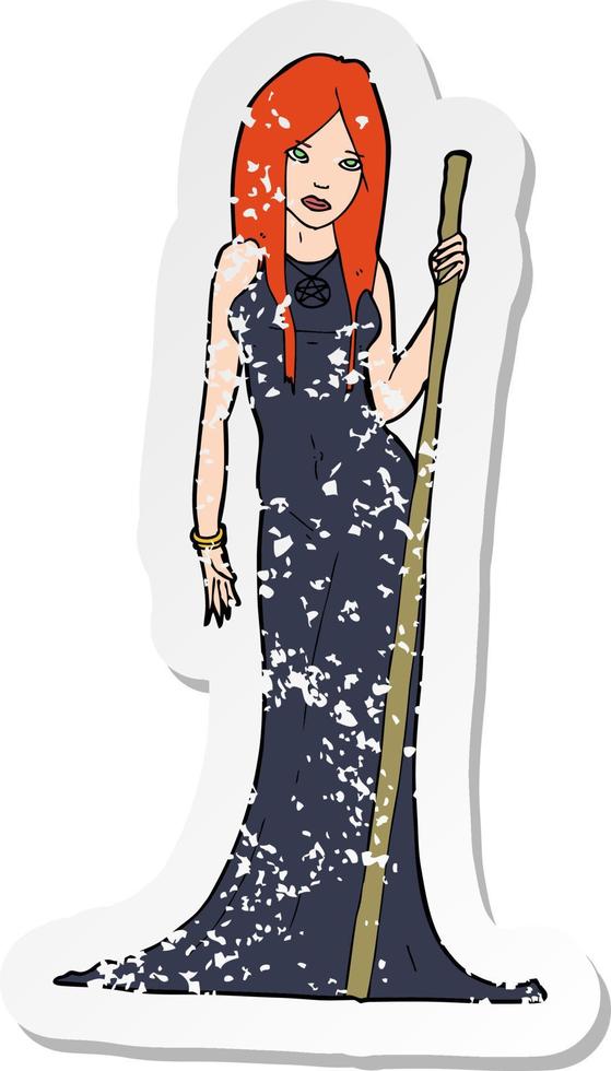 retro distressed sticker of a cartoon sorceress vector