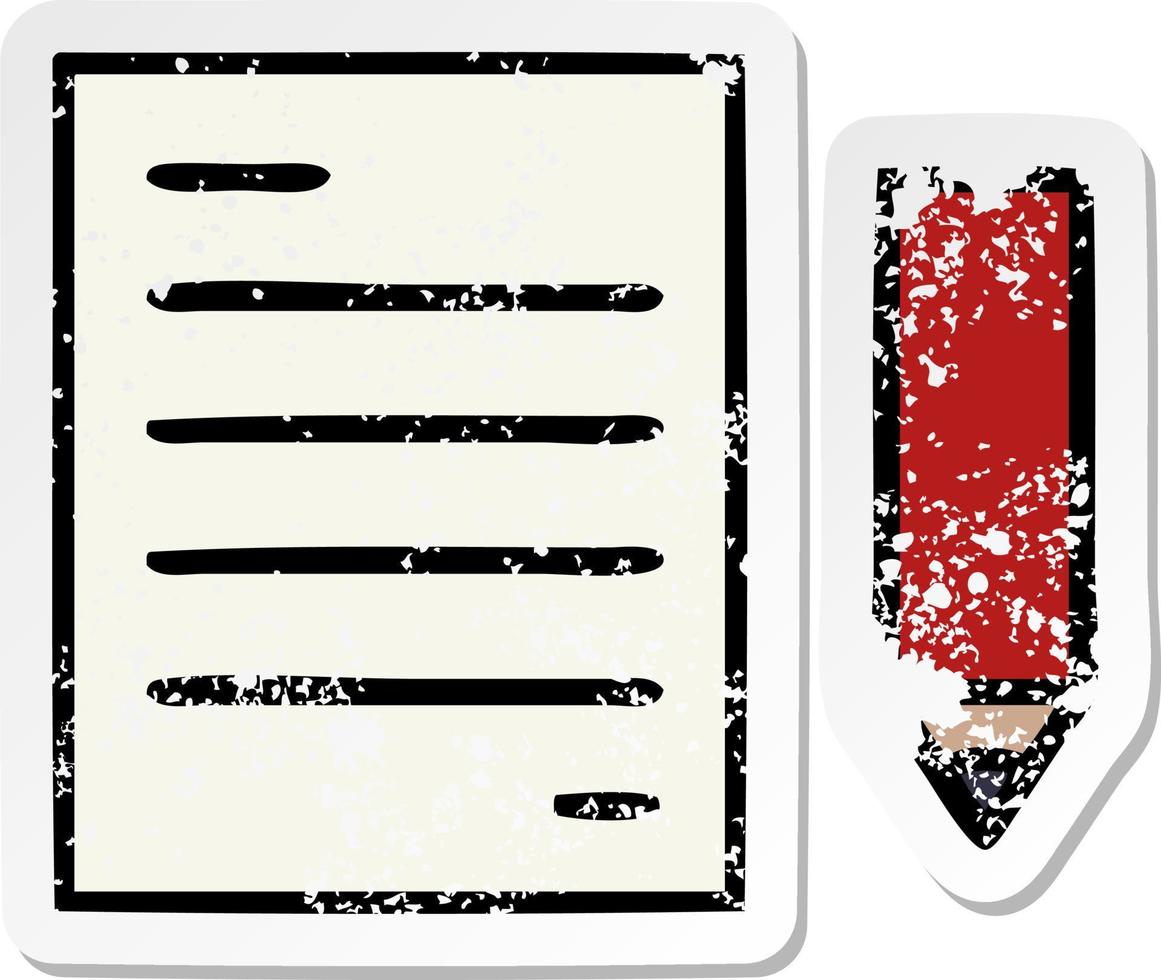 distressed sticker of a cute cartoon pencil and paper vector