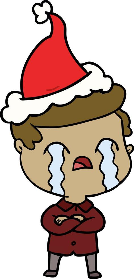 line drawing of a man crying wearing santa hat vector