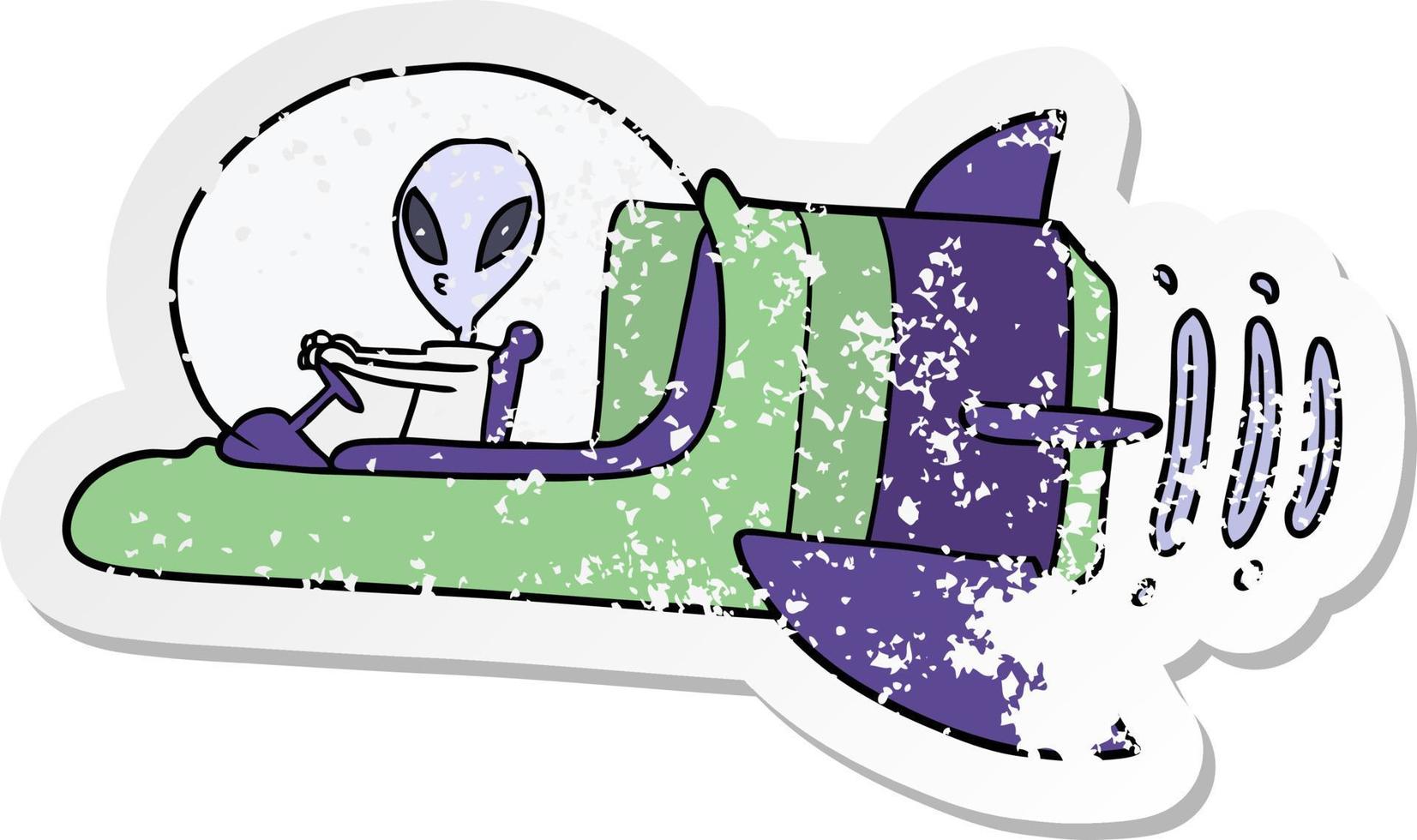 distressed sticker of a cartoon alien spacecraft vector