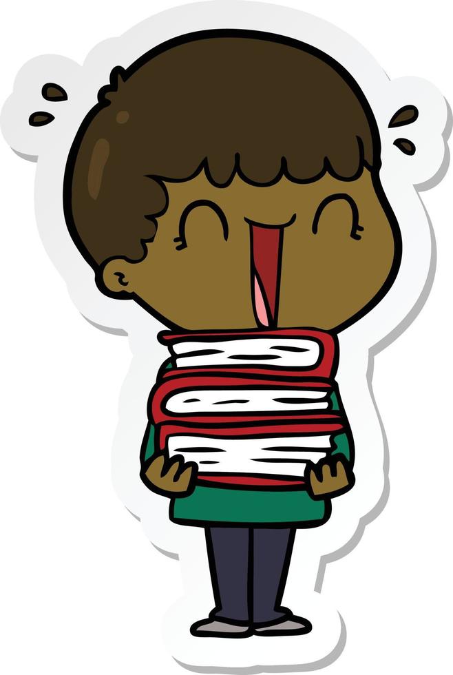 sticker of a laughing cartoon man holding stack of books vector