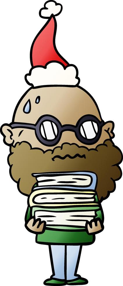 gradient cartoon of a worried man with beard and stack of books wearing santa hat vector